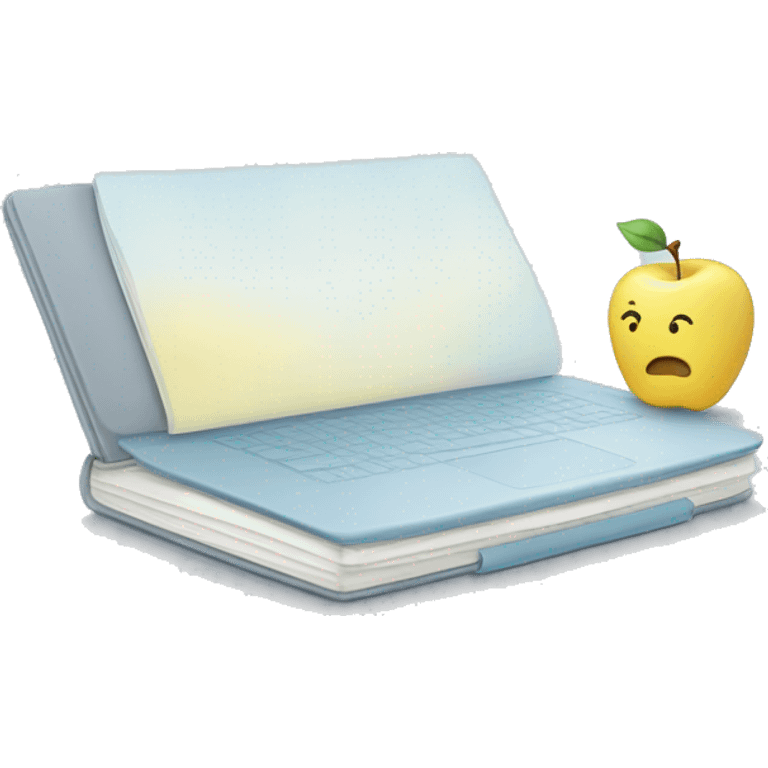 a notebook who shows and apple on its screen. Use pastel colors, prefering a soft yellow, a soft blue and soft gray emoji