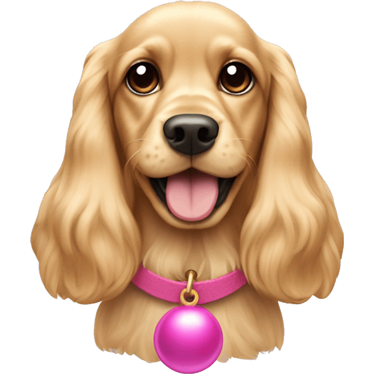 Blond cocker spaniel wearing a pink sleighbell emoji