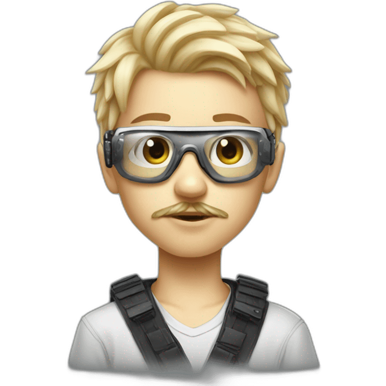 a young boy with short blonde hair with transparent white glasses and a little mostache, he is a futuristic cyberpunk hacker  emoji