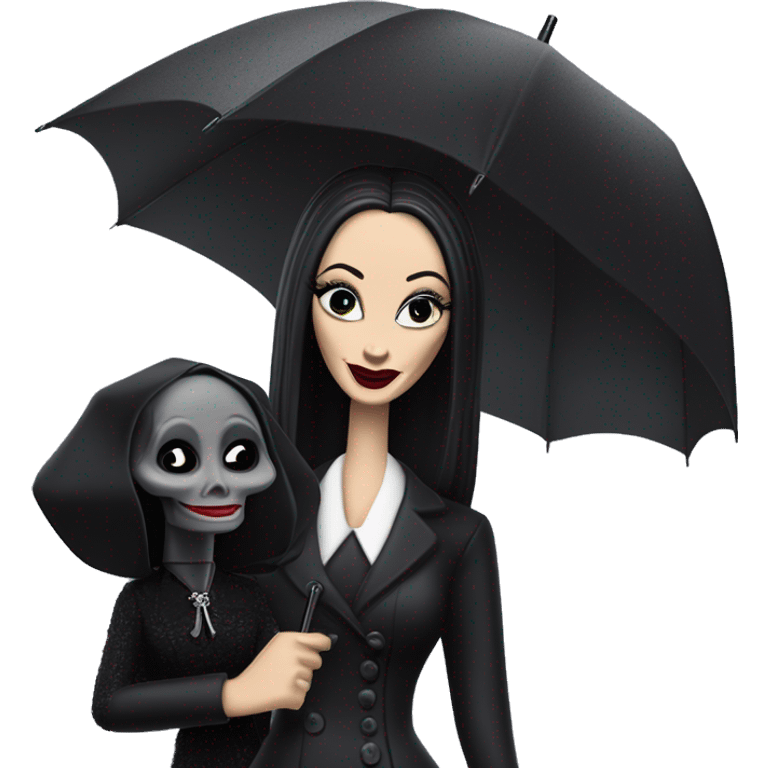 Fun Morticia Addams at a rainy funeral holding umbrella. funeral mask,gloves, small purse.Gal on the Go Barbie  emoji