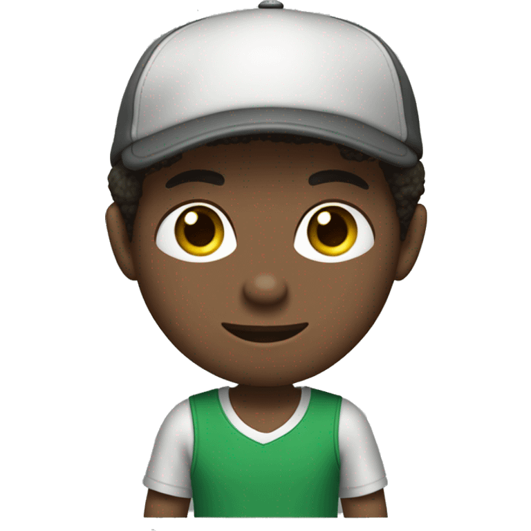 White boy with dark brown hair with a basketball hat on with his hair hanging out with green eyes and grey shirt and dark grey pants  emoji