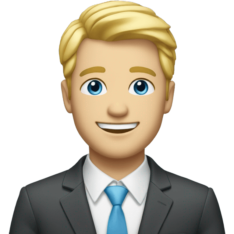 blonde male with short hair, sky blue eyes, big smile and a suit emoji