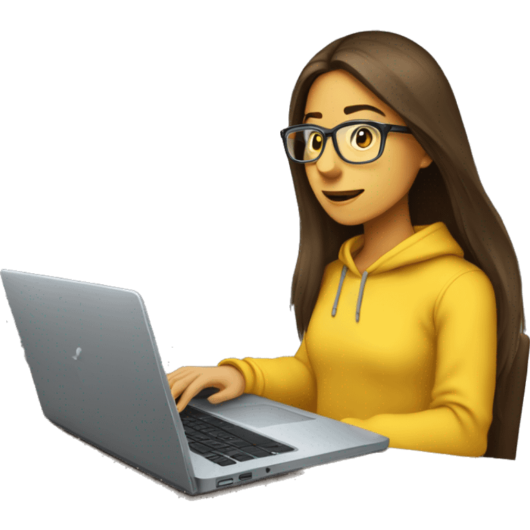 female coder with apple laptop in front of her, very long straight brown hair, brown eyes, facing the right side looking at the laptop, yellow sweatshirt,  glasses emoji