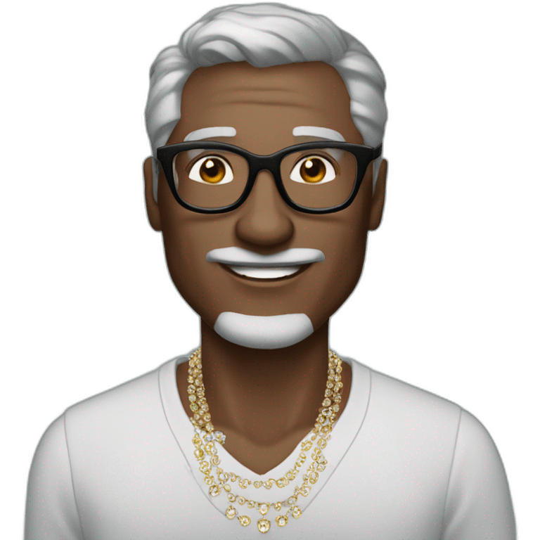 man with gray hair and dark dolce gabanna glasses with a diamond necklace that says jd emoji