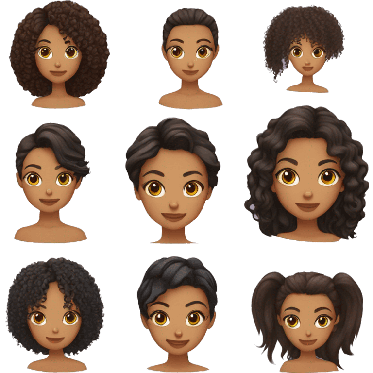 Avatar morena clara, cabelos cacheados com franja lisa, olhos um pouco apertados se cor castanhos claros  emoji