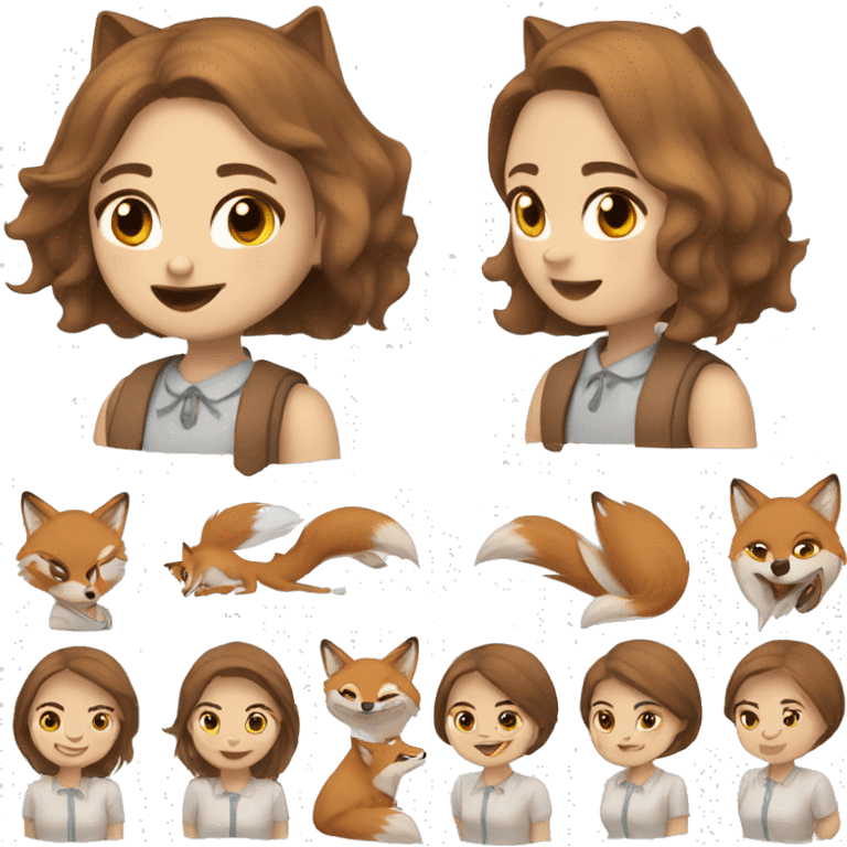 White Foxgirl, brown hair, emoji emoticon expression set, humanoid, human, brown fox ears emoji