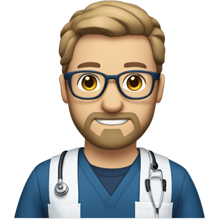 male dark blond with goatee beard doctor with hazel eyes and wire rim glasses in dark blue scrubs holding a large paintbrush and holding a jigsaw  emoji