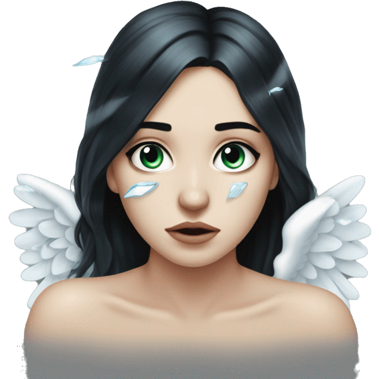 Crying eyes water woman tearing eyes pale skin black hair on the floor magical woman with angel wings  emoji