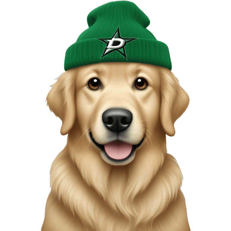 Golden retriever wearing dallas stars winter hat emoji