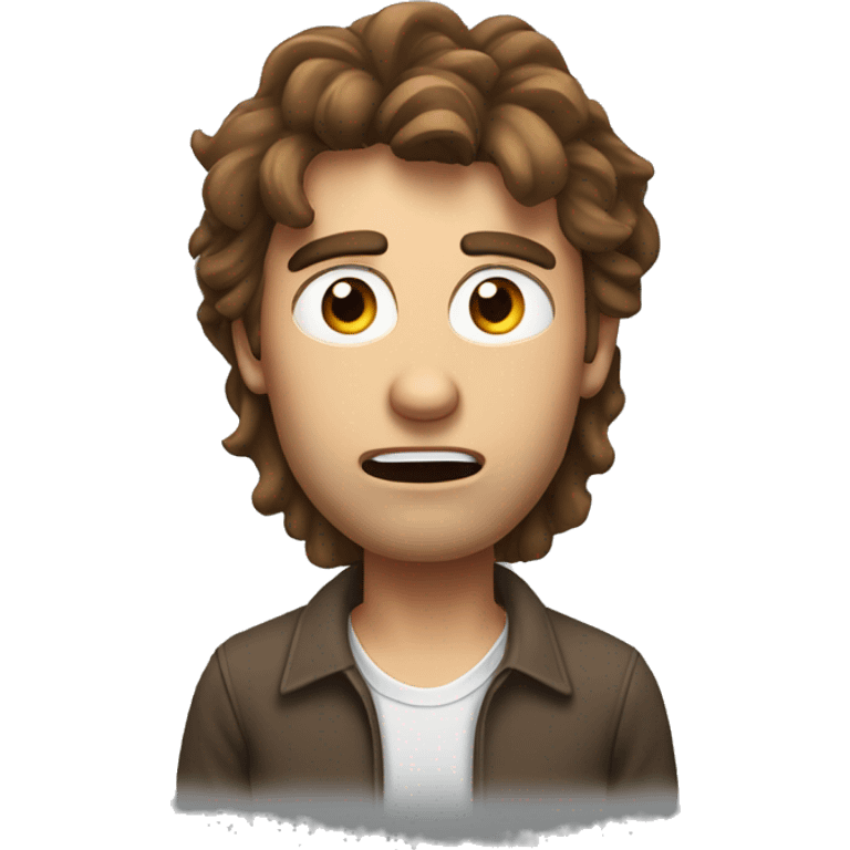 man with surprised face with messy long brown hair, with small eyes and very high eyebrows emoji