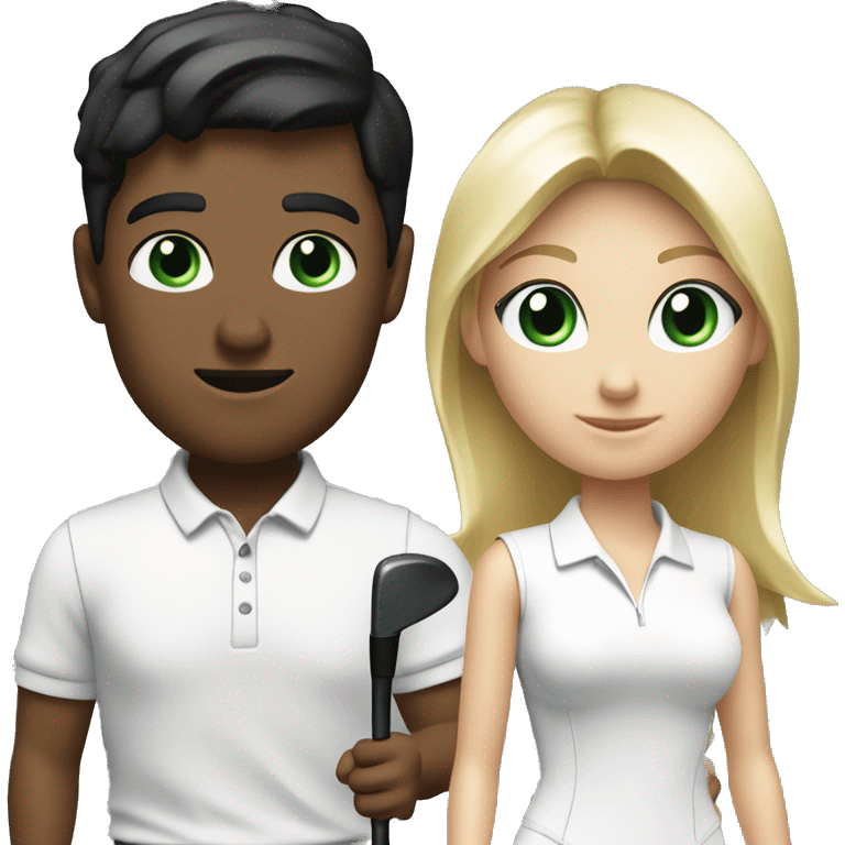 Blond white men green eye wearing white golf outfit, and black hair white woman with brown eye woman wearing black golf outfit playing golf. emoji