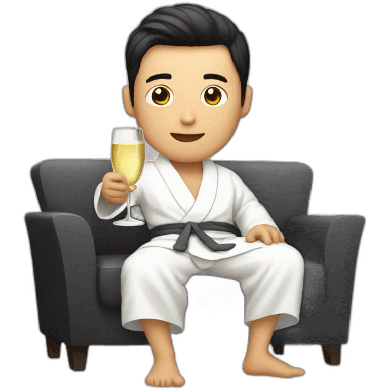 A Korean man in a bathrobe on the sofa with a glass of champagne emoji