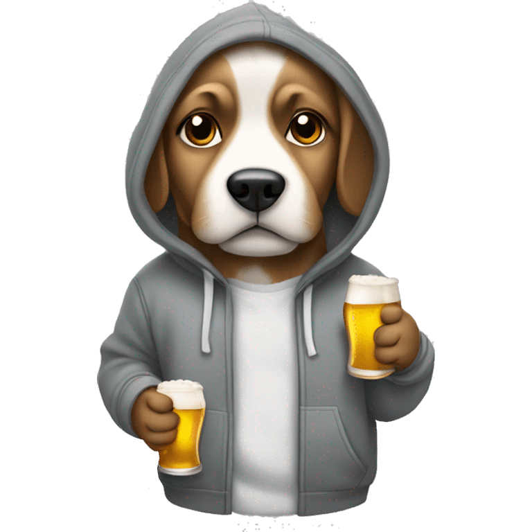 Dog standing wearing a grey hoodie with his hands in his pockets holding a beer emoji