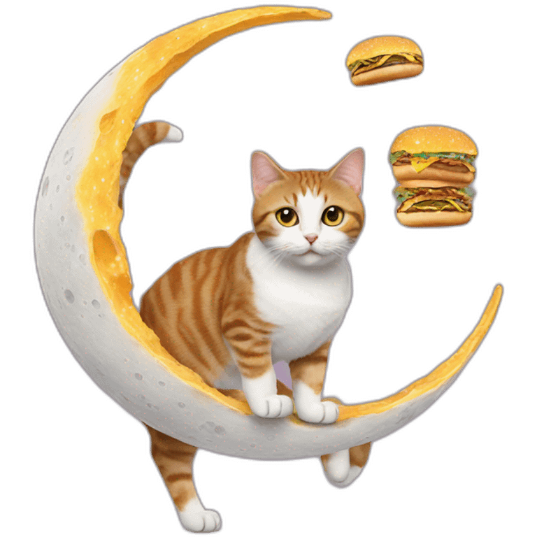 cat walking on moon with boots made of burgers emoji