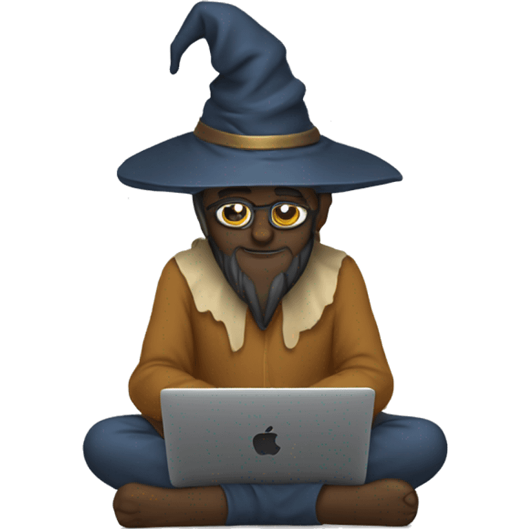 Wizard sitting cross legged and doing deep work on a macbook emoji