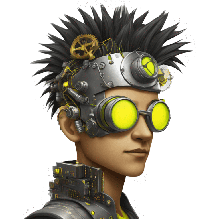 Neon yellow Mohawk hair Asian male cyborg head with silver steampunk goggles and circuits emoji