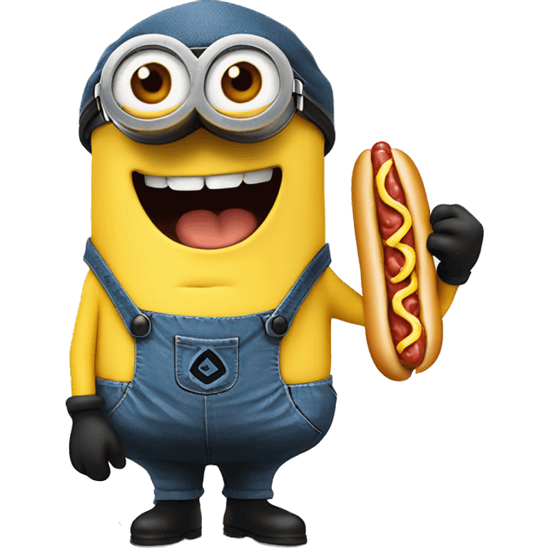 Minion wearing a hat eating a alive hotdog while dancing emoji