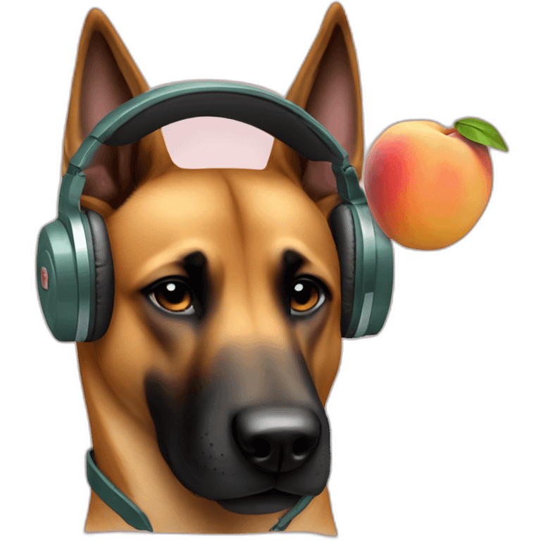 malinois dog with headphone eating peach emoji