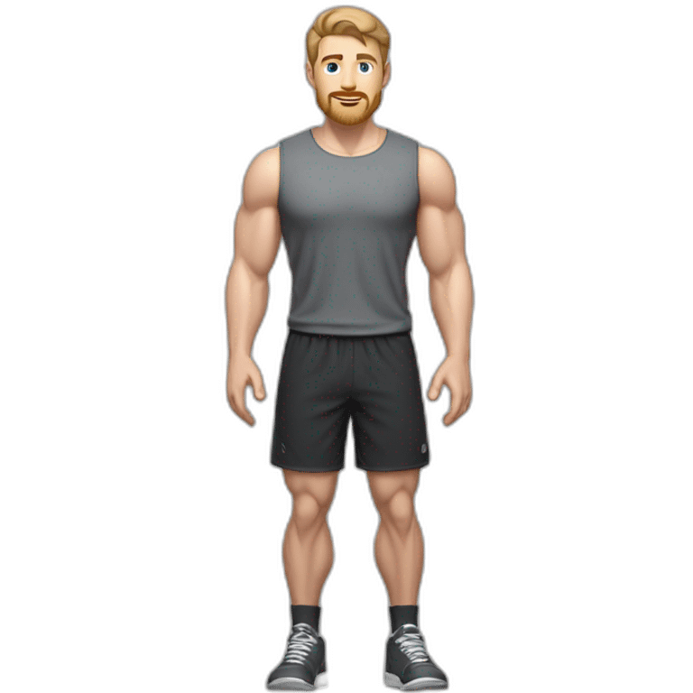 Full height Pale skinned fit man With biceps, Realistic eyes and mouth, light brown hair and stubble In dark gray sleeveless mike, black oversize sports shorts, watch and white sneakers. emoji