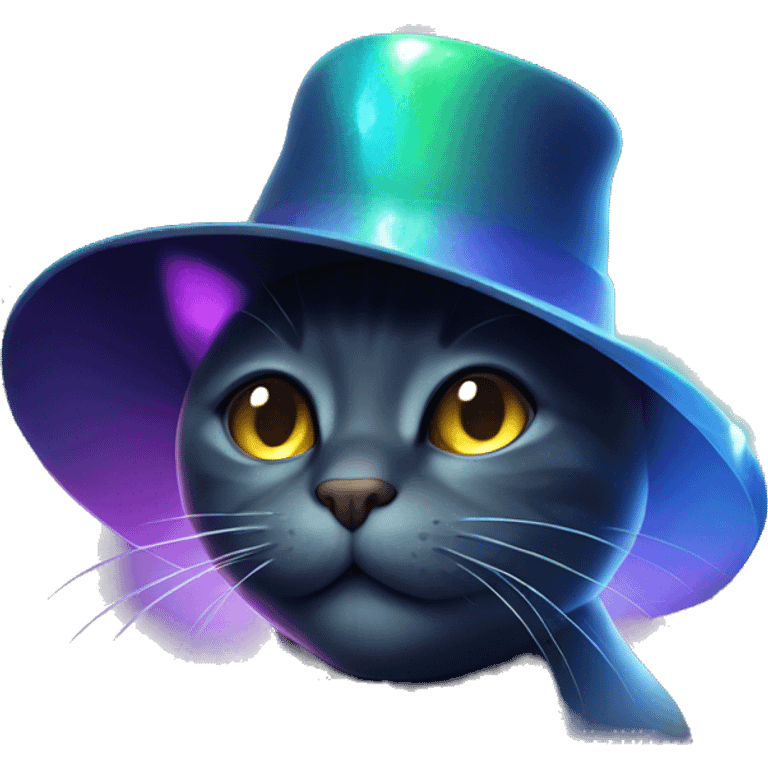 Dark iridescent cat glowing wearing a hat emoji