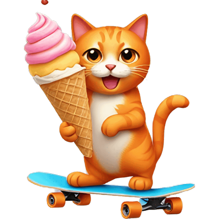 orange cat riding a skateboard and eating an ice cream cone emoji