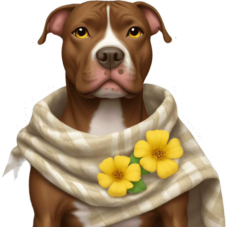 Brown pitbull with white stomach with yellow flower blanket emoji