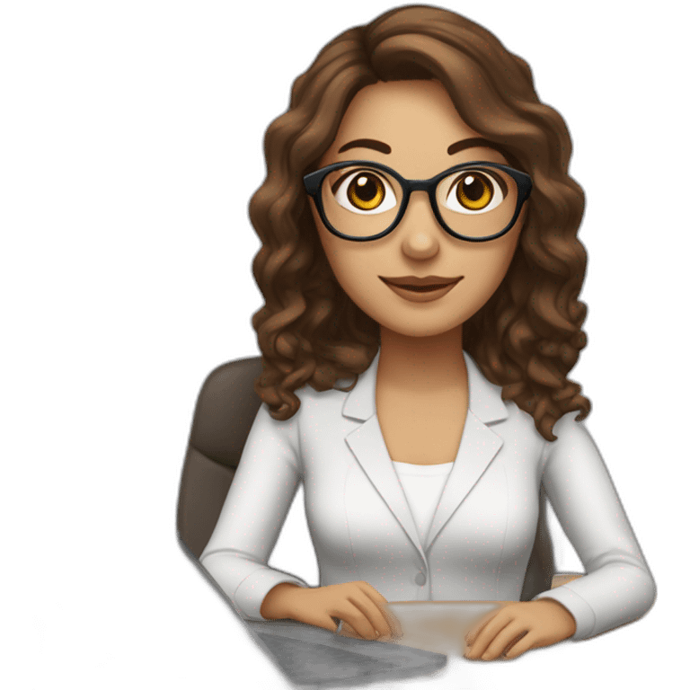 Support analyst woman white, brown curled long hair, brown eyes, Brazilian, white glasses, with a computer and a headset emoji