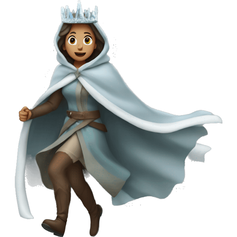 a woman running wearing Icicle Crown and Winter Cloak emoji