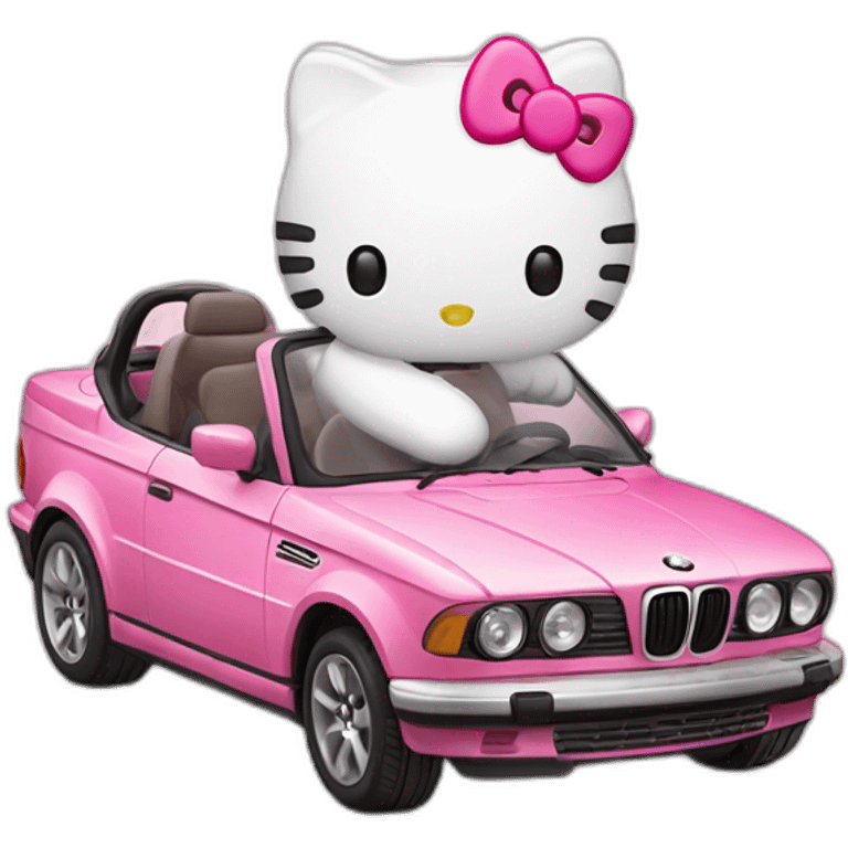 Hello Kitty driving a pink BMW while drinking milk emoji