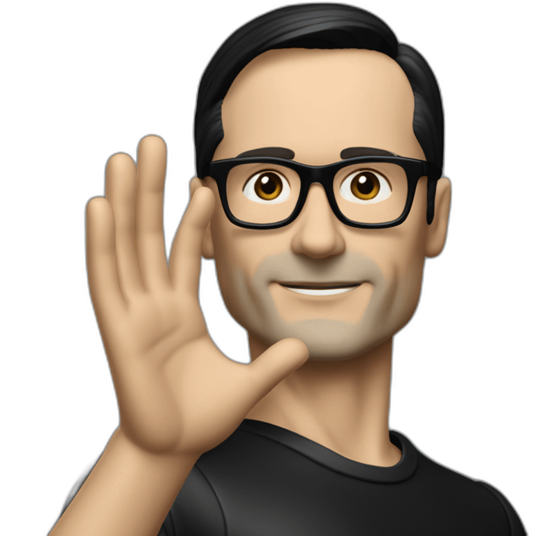 small photo realistic right arm waving Ralf Hutter from Kraftwerk, short straight black hair, Dark Brown eyes, black glasses, thin, black shirt, side view emoji