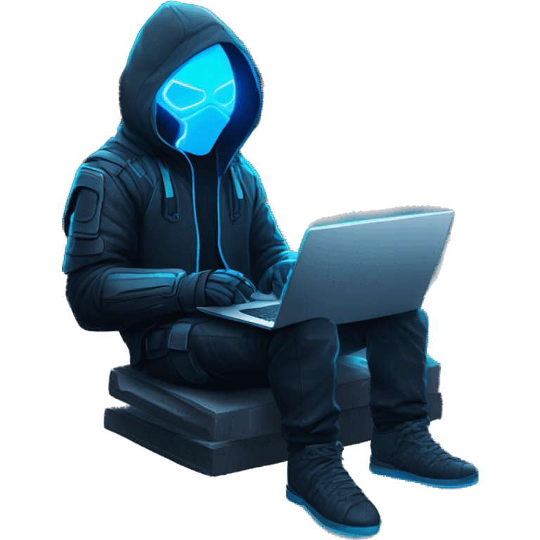 Hacker behind his laptop with this style : crysis Cyberpunk Valorant neon glowing bright blue character blue black hooded assassin themed character emoji