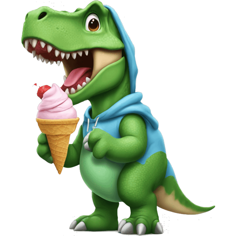 Dinosaur wearing a hoodie holding ice cream emoji