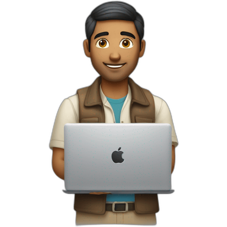 Indian white man with MacBook with taking lot of responsibility of work and family at the age of 27 emoji