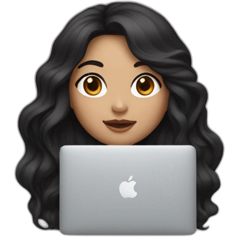 Korean girl with long and wavy black hair in front of her macbook, face a bit more white emoji