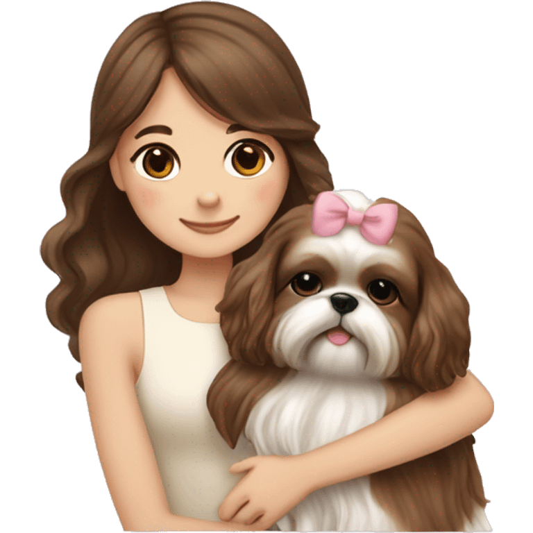 human girl with long wavy brown hair hugging a cream colored shih tzu girl with bow emoji