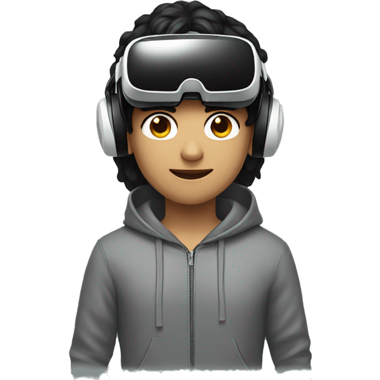 a guy with black hair, wearing a hoodie using a vr headset emoji