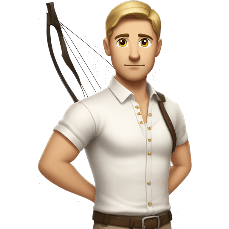 a male archer with a bow, wearing a white shirt, very short brown hair, bright skin, only show upper part of the body from waist up emoji