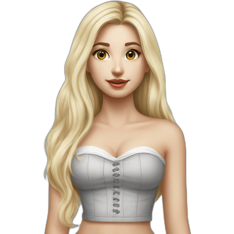 caucasian straight long haired blonde, white bustier, tight grey mini skirt, hyperrealist drawing emoji