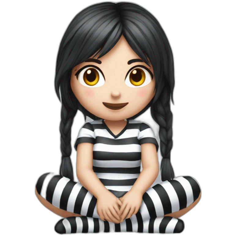 Hyperrealistic Frontal view curvy emo girl sits white skirt striped stockings hands up emoji