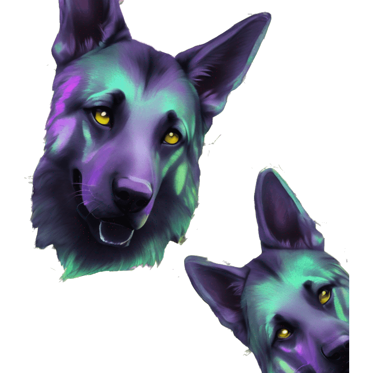 .Zombie_ Vaporwave black holographic oilslick zombie German shepherd dog yellow caution tape graffiti neon yellow stripes emoji