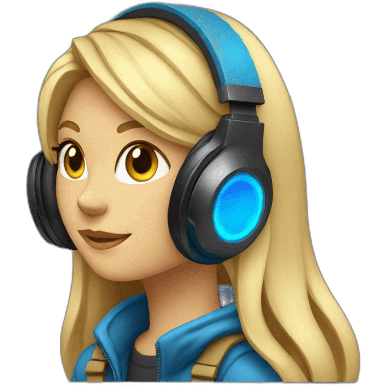 she blond developer has black cat headphones with blue LED emoji