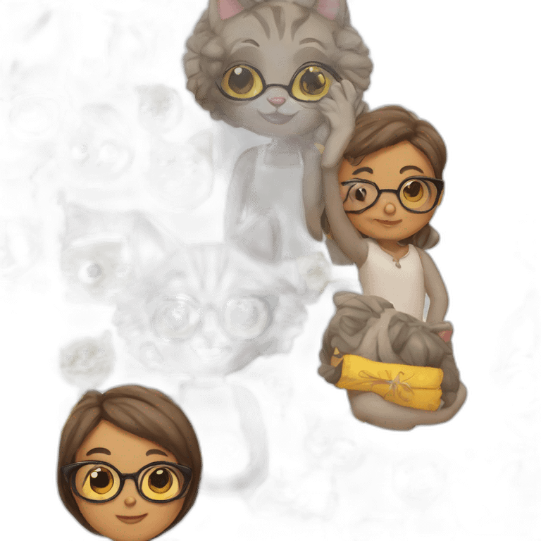 Old and litle sisters in glasses, little sister holds graycat, old sister holds yellow and brown color cat emoji