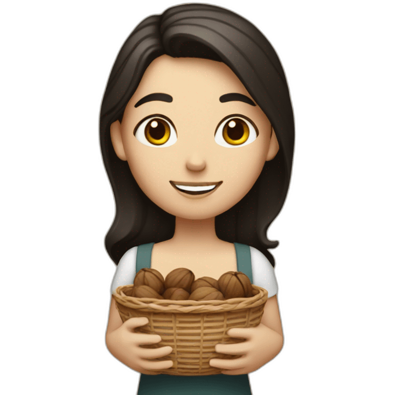 White girl with black and small hair holding a basket of walnuts emoji