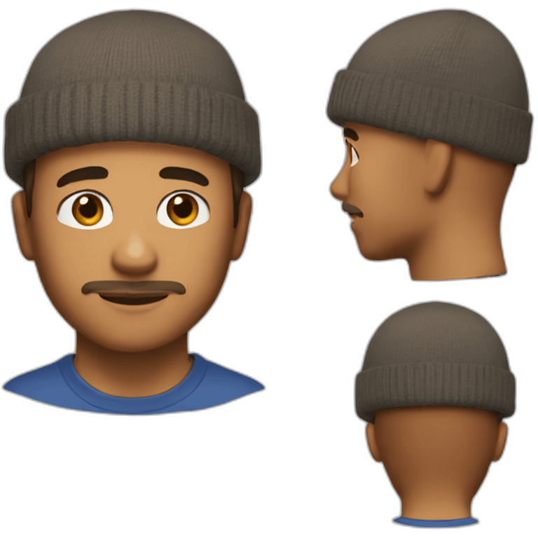 man with stubble, bangs, brown hair, beanie, t-shirt emoji