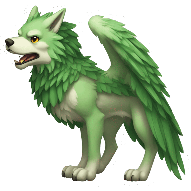 Full-body green gryphon-inspired wolf with a beak for its mouth and wings emoji