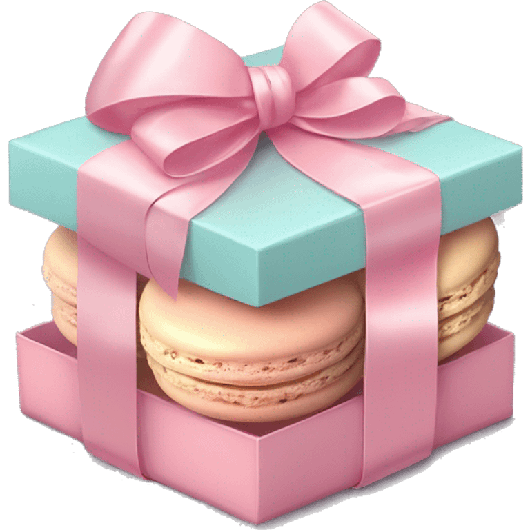 Realistic flat transparent box of pastel macaron cookies with ribbon bow tied around the box. emoji