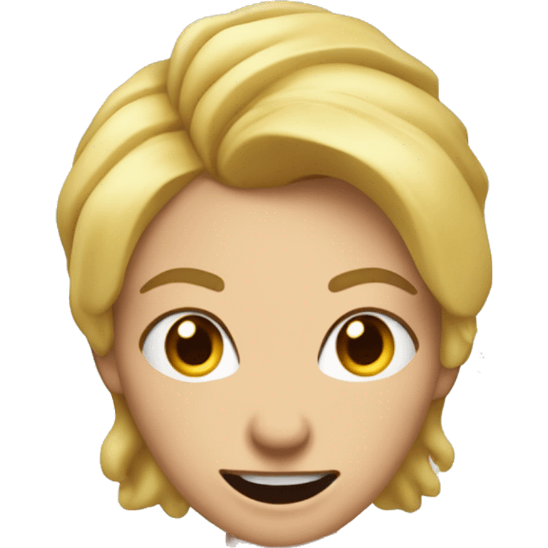 Woman: Blond Hair with with horns, a wide grin, and eyes and eyebrows scrunched downward in the same manner as angry face emoji