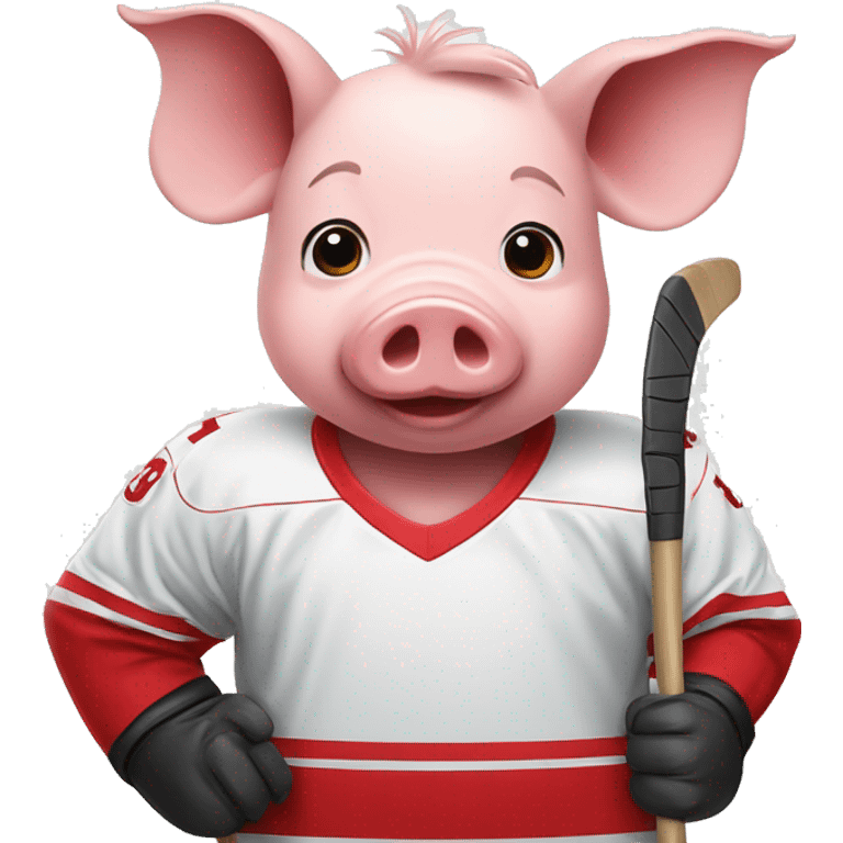 Pig with a red hockey jersey and a hockey stick emoji