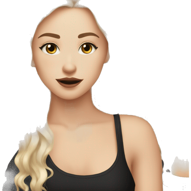 White Girl with long wavy blonde hair eyes closed smiling black tank top and black makeup emoji