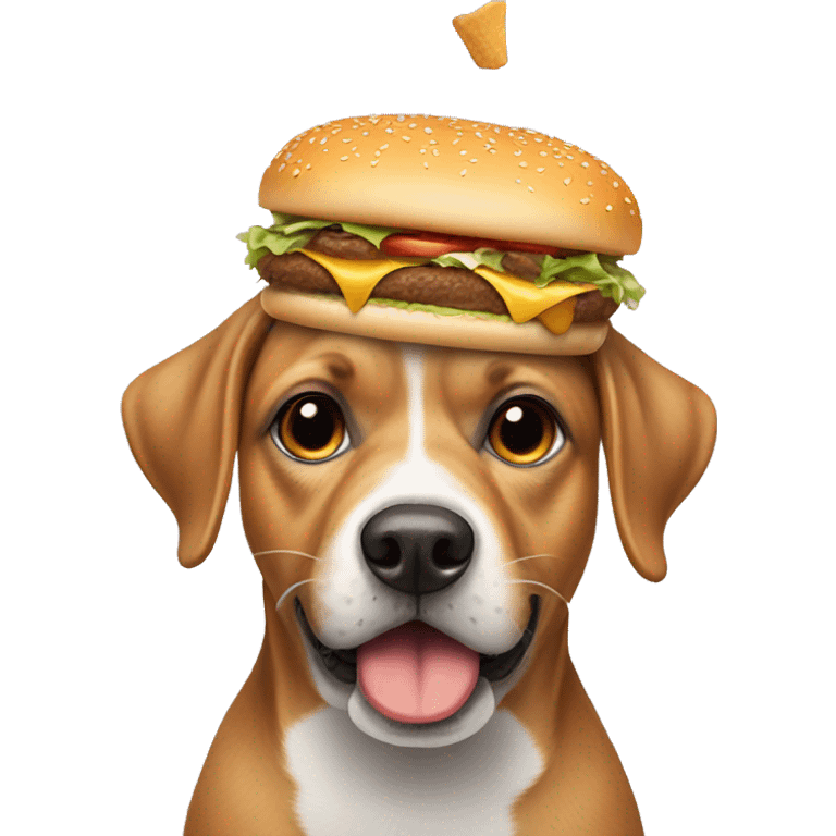 Dog eating hamburger wearing a funny hat emoji